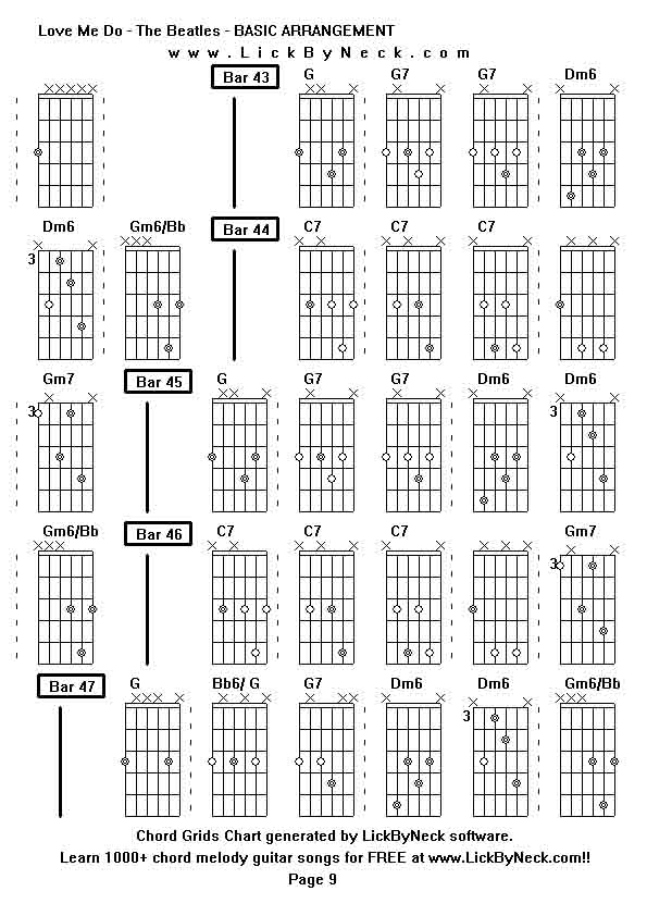 Chord Grids Chart of chord melody fingerstyle guitar song-Love Me Do - The Beatles - BASIC ARRANGEMENT,generated by LickByNeck software.